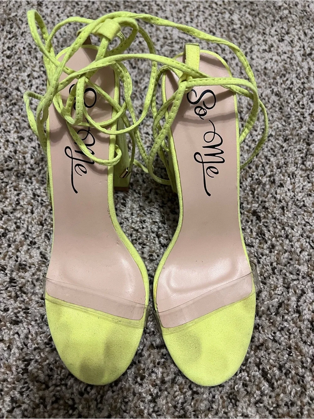 Women Lime green suede heels with clear straps